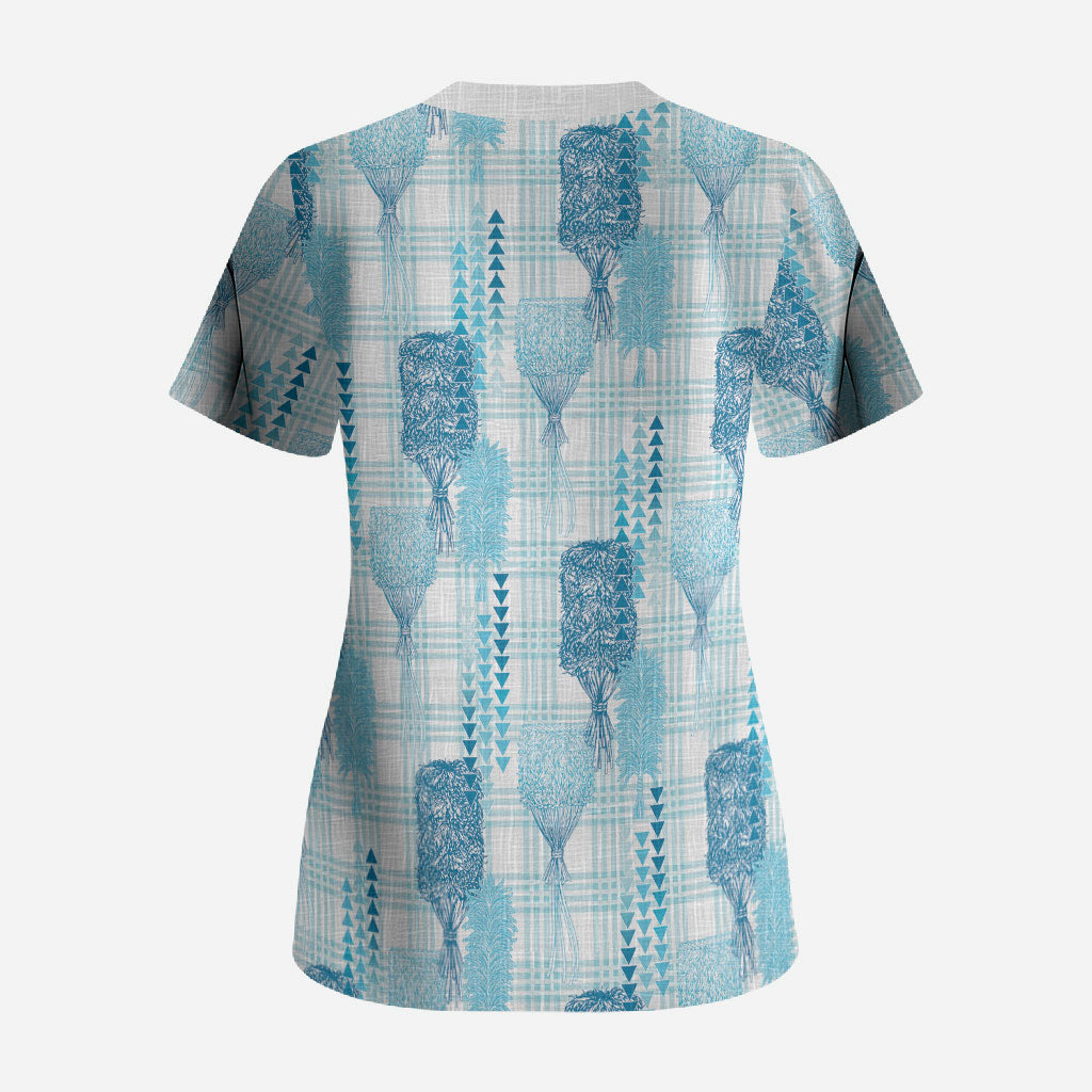 Aloha Hawaii Vintage Kahili Pa'a Lima Scrub Top Palaka Print Oceanic Turquoise LT7 - Polynesian Pride