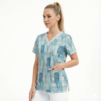 Aloha Hawaii Vintage Kahili Pa'a Lima Scrub Top Palaka Print Oceanic Turquoise LT7 - Polynesian Pride