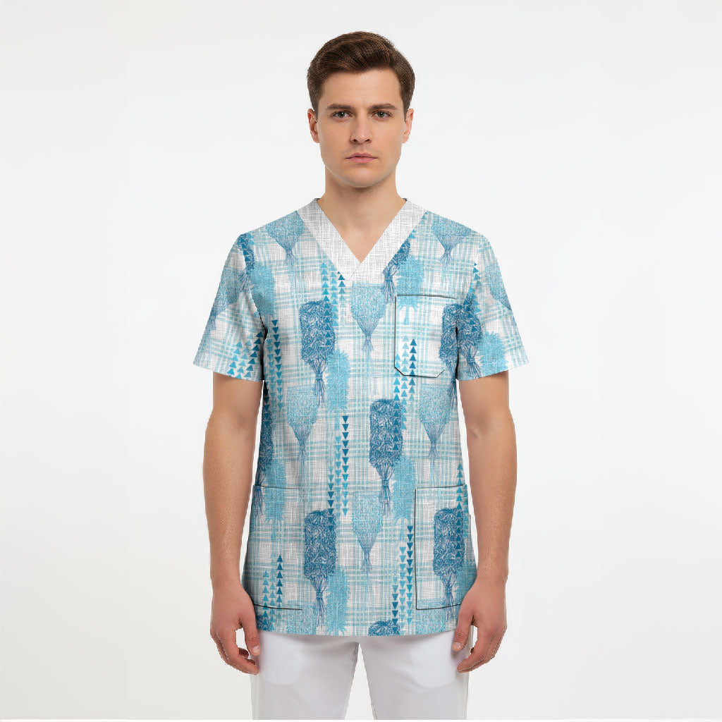 Aloha Hawaii Vintage Kahili Pa'a Lima Scrub Top Palaka Print Oceanic Turquoise LT7 - Polynesian Pride