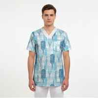 Aloha Hawaii Vintage Kahili Pa'a Lima Scrub Top Palaka Print Oceanic Turquoise LT7 - Polynesian Pride