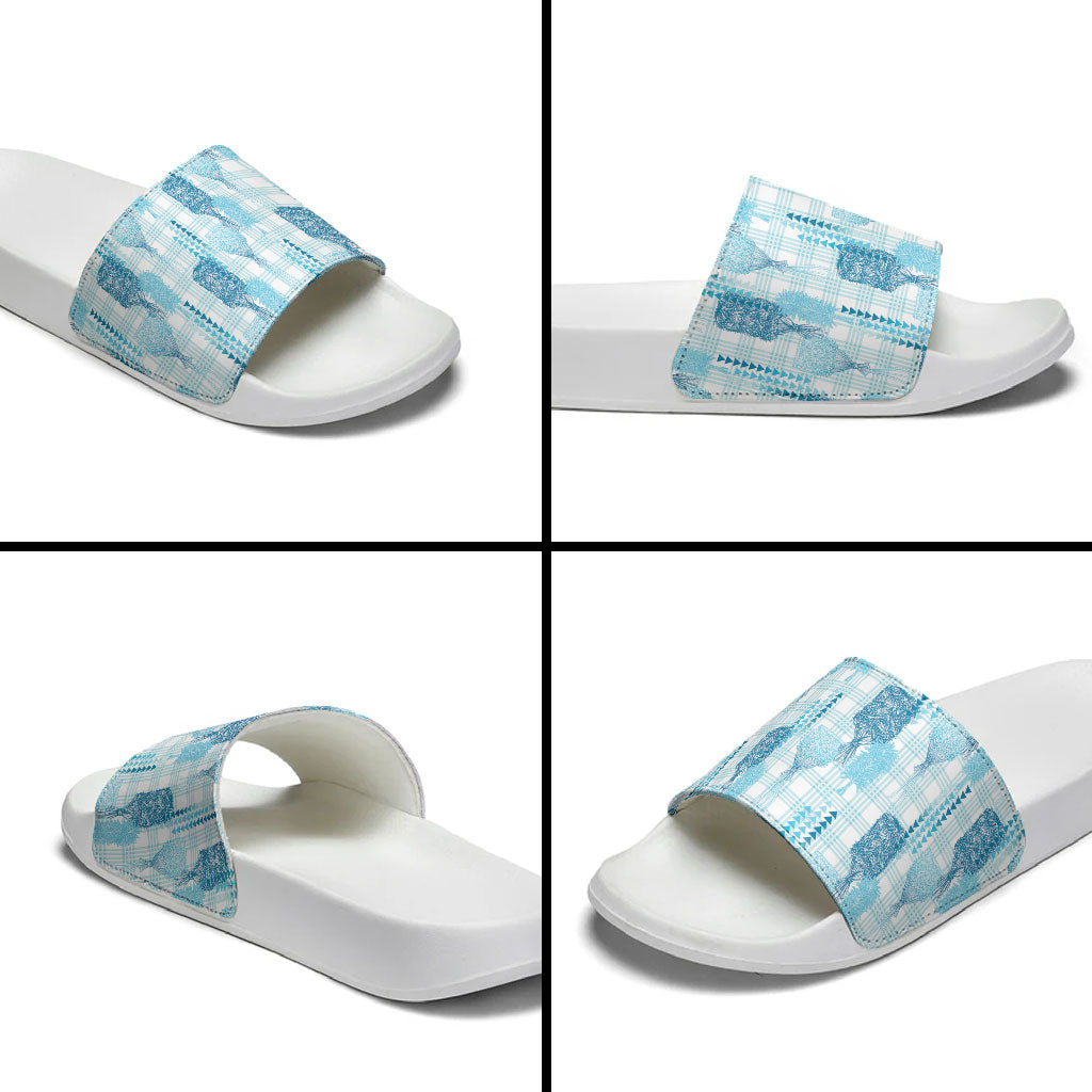 Aloha Hawaii Vintage Kahili Pa'a Lima Slide Sandals Palaka Print Oceanic Turquoise LT7 - Polynesian Pride