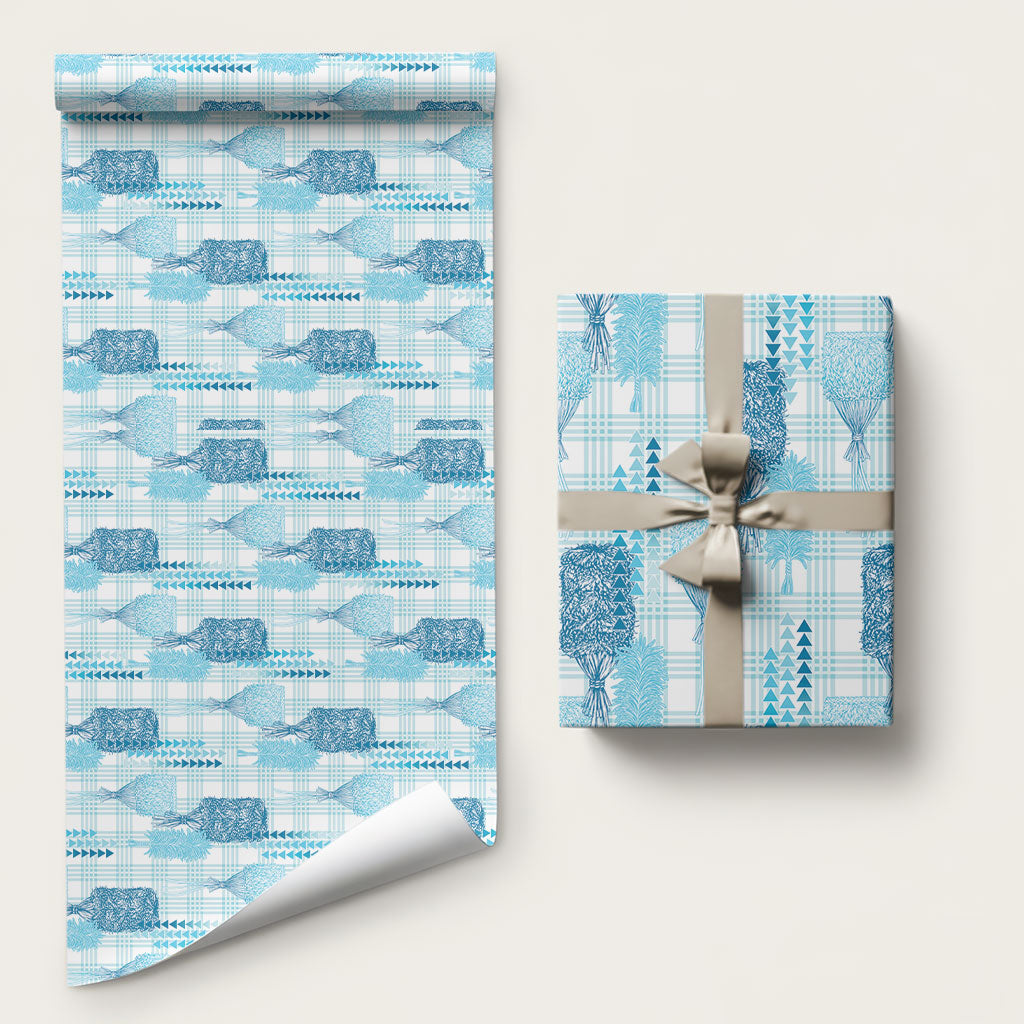 Aloha Hawaii Vintage Kahili Pa'a Lima Wrapping Paper Palaka Print Oceanic Turquoise LT7 58" × 23" Turquoise - Polynesian Pride