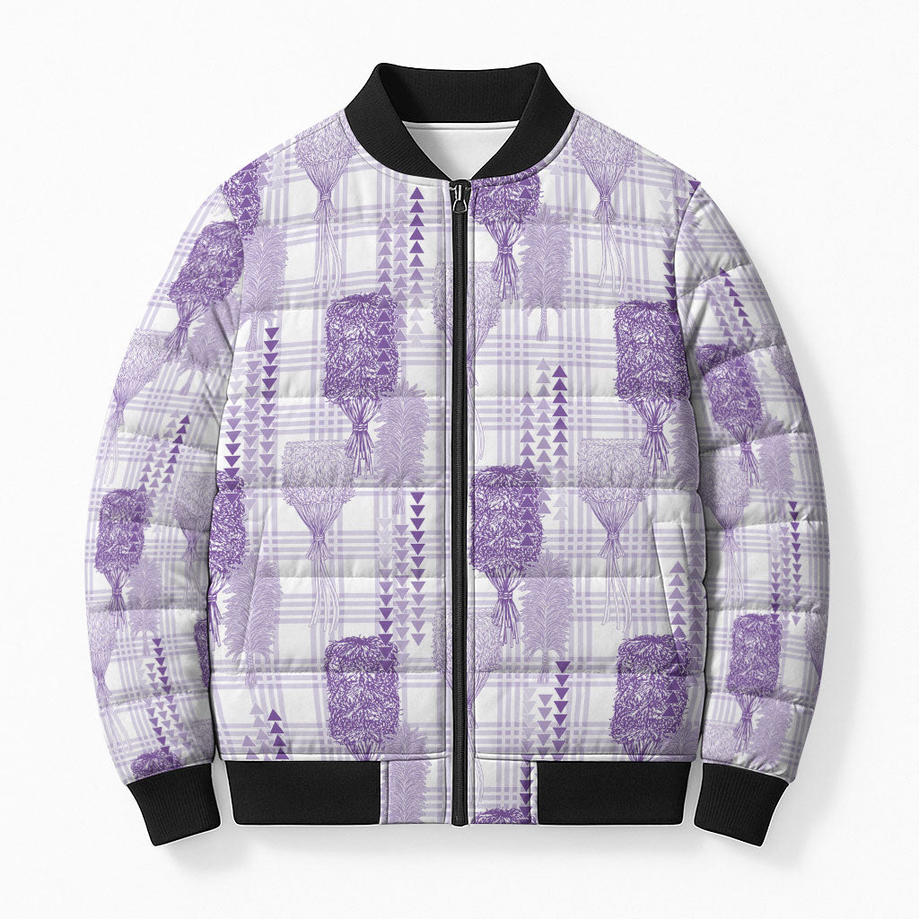 Aloha Hawaii Vintage Kahili Pa'a Lima Bomber Puffer Jacket Palaka Print Pastel Lavender LT7 Unisex Lavender - Polynesian Pride