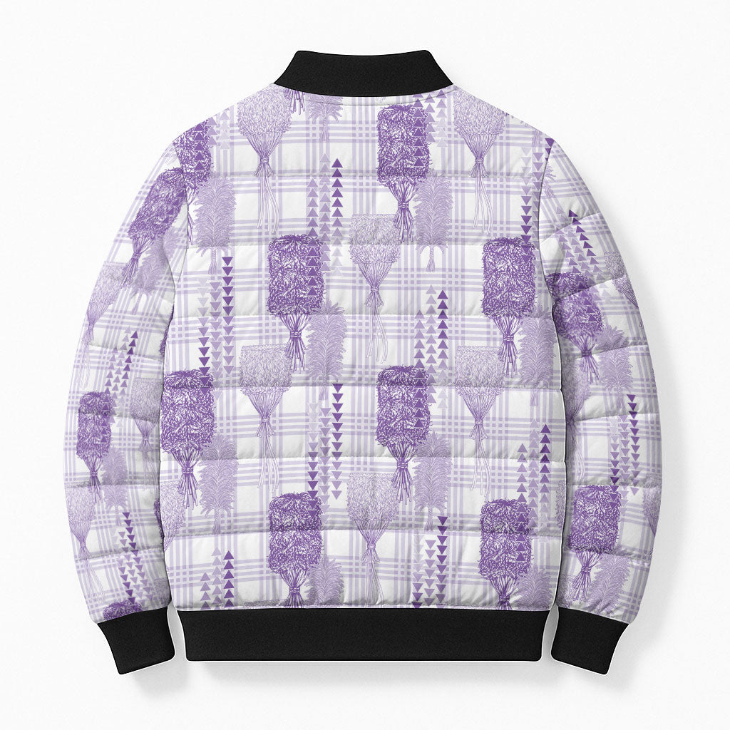 Aloha Hawaii Vintage Kahili Pa'a Lima Bomber Puffer Jacket Palaka Print Pastel Lavender LT7 - Polynesian Pride