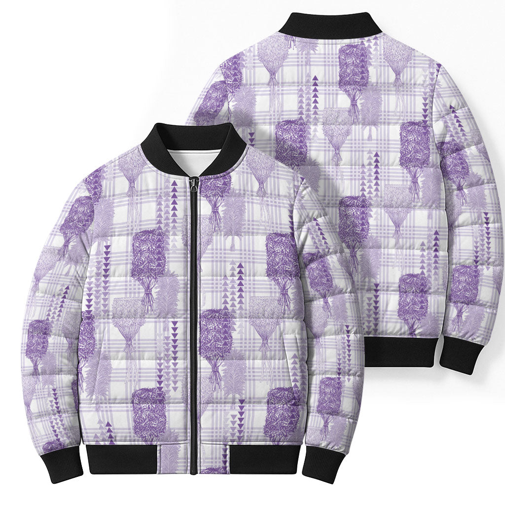 Aloha Hawaii Vintage Kahili Pa'a Lima Bomber Puffer Jacket Palaka Print Pastel Lavender LT7 - Polynesian Pride