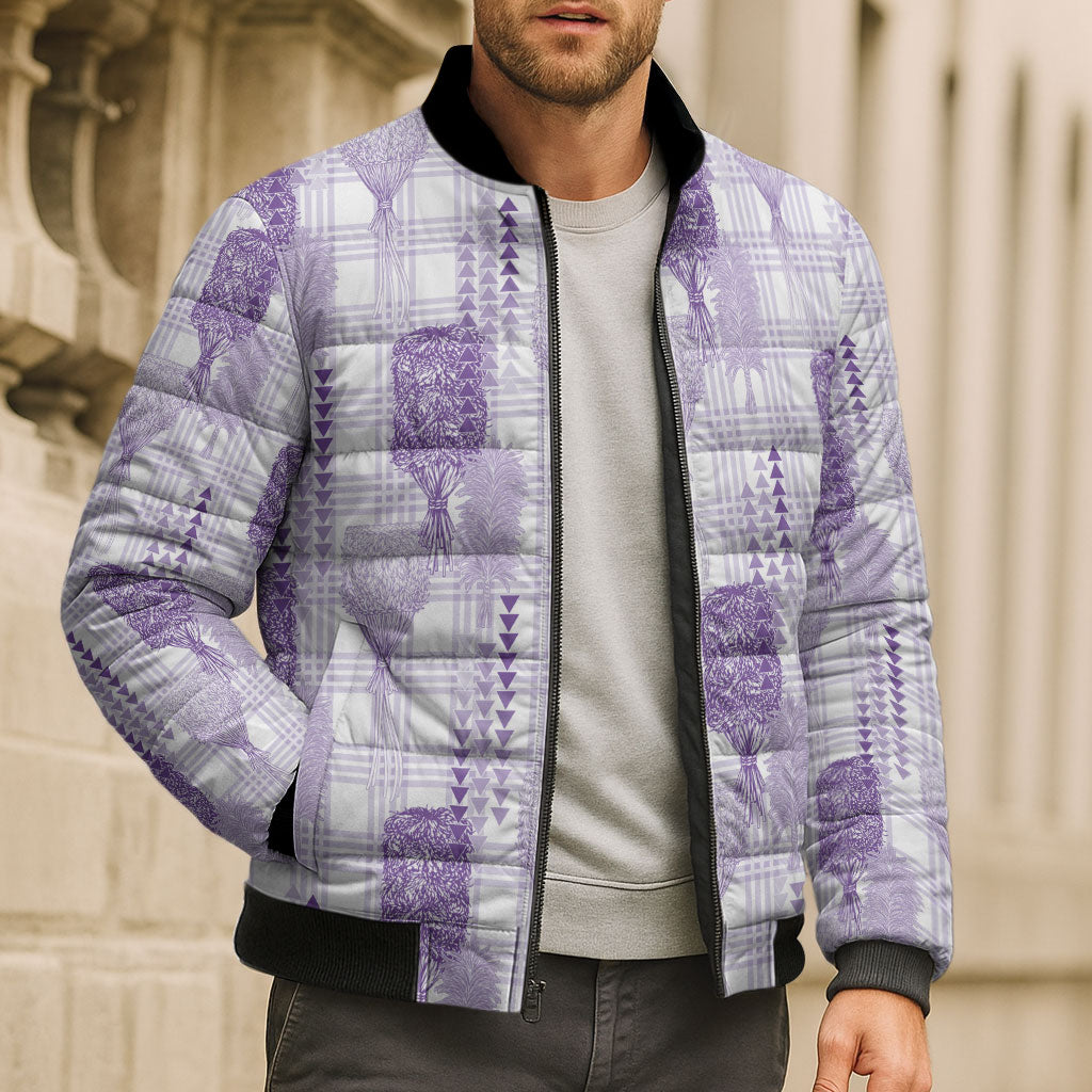 Aloha Hawaii Vintage Kahili Pa'a Lima Bomber Puffer Jacket Palaka Print Pastel Lavender LT7 - Polynesian Pride