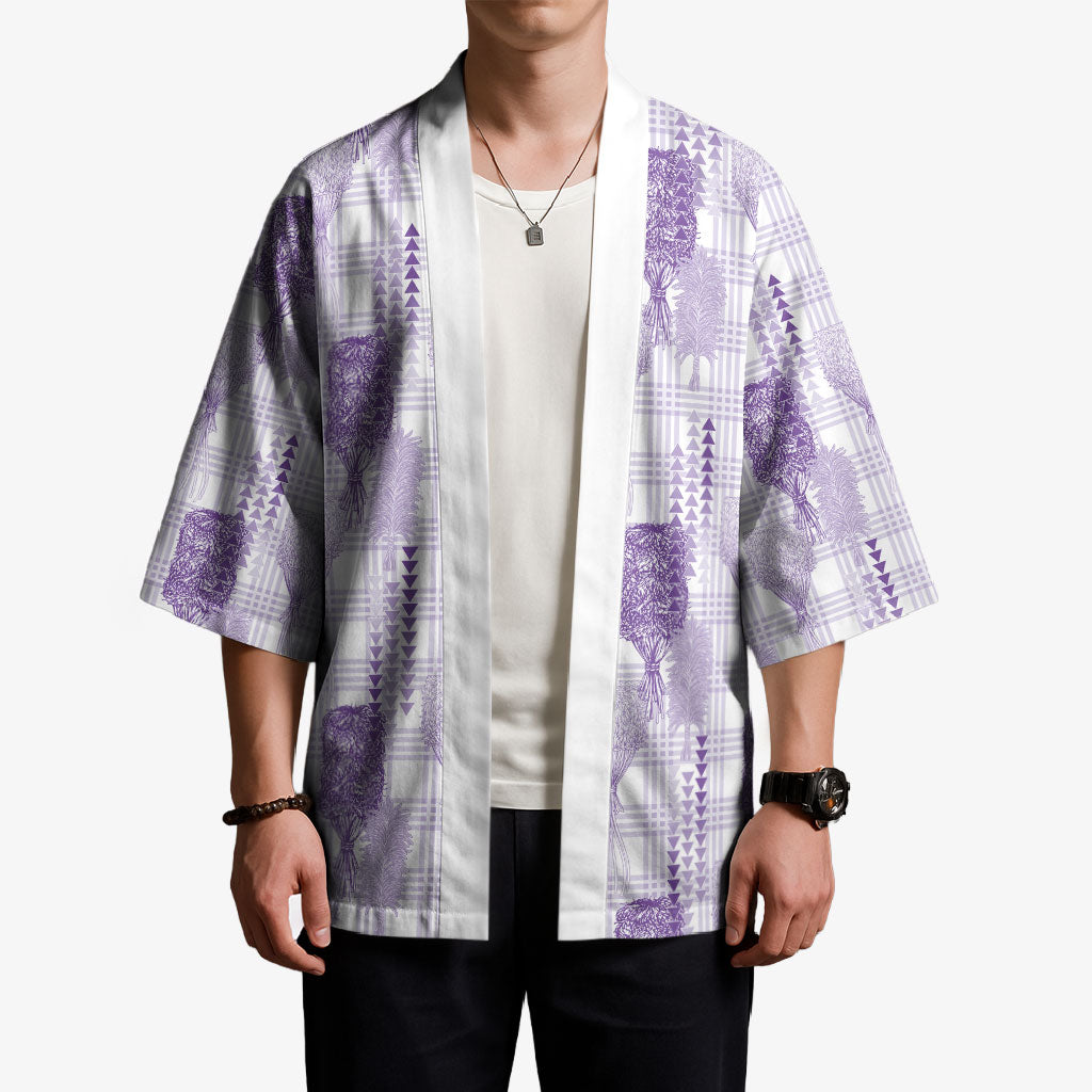 Aloha Hawaii Vintage Kahili Pa'a Lima Kimono Palaka Print Pastel Lavender LT7 - Polynesian Pride