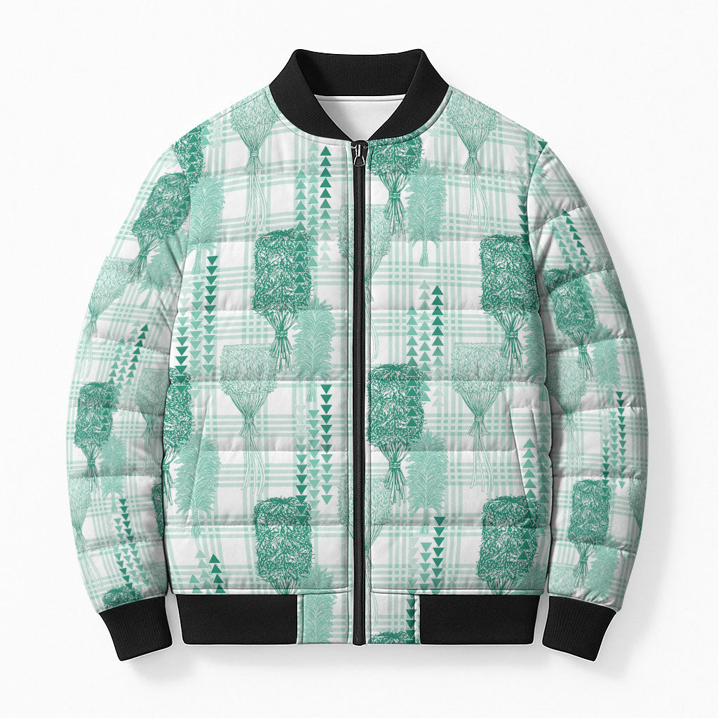 Aloha Hawaii Vintage Kahili Pa'a Lima Bomber Puffer Jacket Palaka Print Mossy Teal LT7 Unisex Mossy Teal - Polynesian Pride