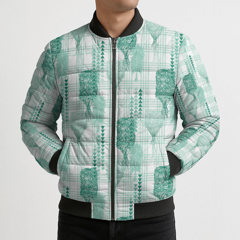 Aloha Hawaii Vintage Kahili Pa'a Lima Bomber Puffer Jacket Palaka Print Mossy Teal LT7 - Polynesian Pride