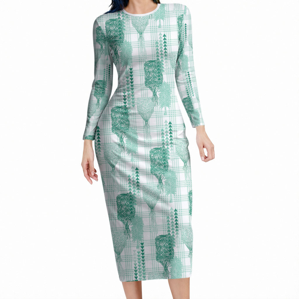 Aloha Hawaii Vintage Kahili Pa'a Lima Long Sleeve Bodycon Dress Palaka Print Mossy Teal LT7 Long Dress Mossy Teal - Polynesian Pride