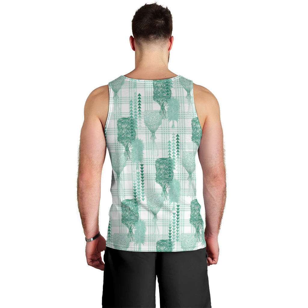 Aloha Hawaii Vintage Kahili Pa'a Lima Men Tank Top Palaka Print Mossy Teal LT7 - Polynesian Pride