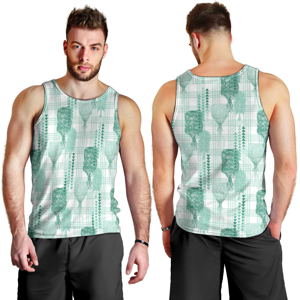 Aloha Hawaii Vintage Kahili Pa'a Lima Men Tank Top Palaka Print Mossy Teal LT7 - Polynesian Pride