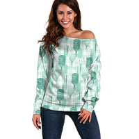 Aloha Hawaii Vintage Kahili Pa'a Lima Off Shoulder Sweater Palaka Print Mossy Teal LT7 Women Mossy Teal - Polynesian Pride