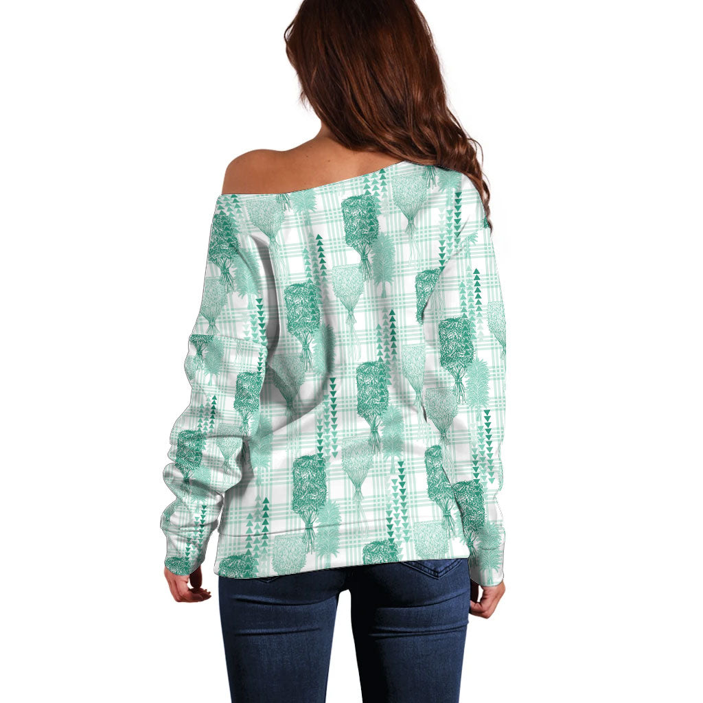 Aloha Hawaii Vintage Kahili Pa'a Lima Off Shoulder Sweater Palaka Print Mossy Teal LT7 - Polynesian Pride