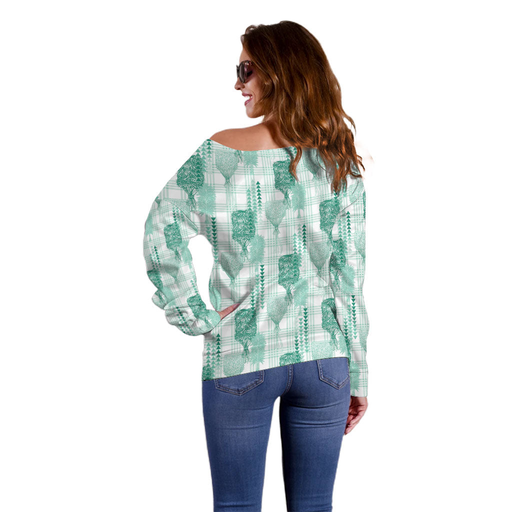 Aloha Hawaii Vintage Kahili Pa'a Lima Off Shoulder Sweater Palaka Print Mossy Teal LT7 - Polynesian Pride