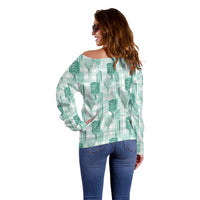 Aloha Hawaii Vintage Kahili Pa'a Lima Off Shoulder Sweater Palaka Print Mossy Teal LT7 - Polynesian Pride