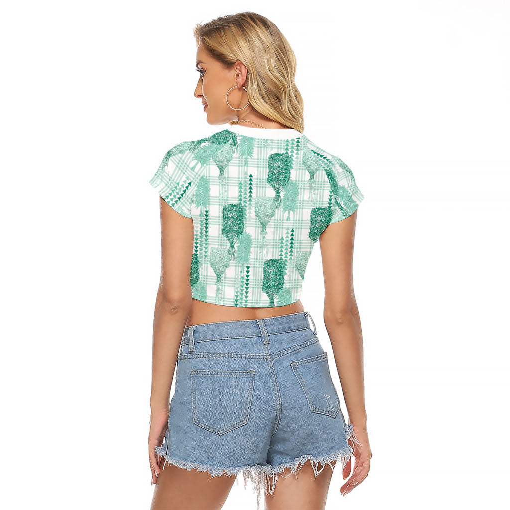 Aloha Hawaii Vintage Kahili Pa'a Lima Raglan Cropped T Shirt Palaka Print Mossy Teal LT7 - Polynesian Pride