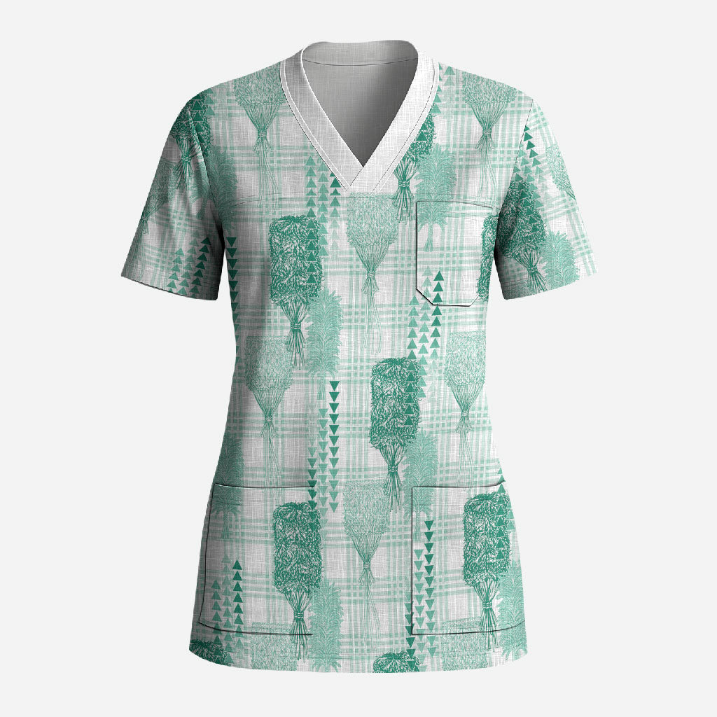 Aloha Hawaii Vintage Kahili Pa'a Lima Scrub Top Palaka Print Mossy Teal LT7 Adult Mossy Teal - Polynesian Pride