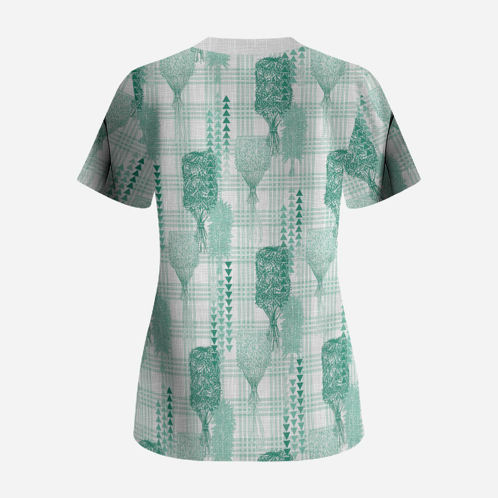 Aloha Hawaii Vintage Kahili Pa'a Lima Scrub Top Palaka Print Mossy Teal LT7 - Polynesian Pride