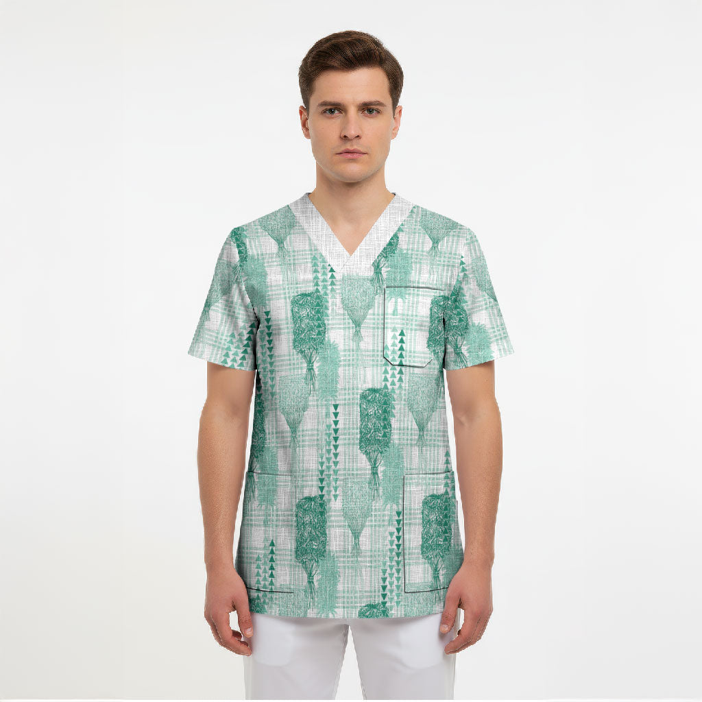 Aloha Hawaii Vintage Kahili Pa'a Lima Scrub Top Palaka Print Mossy Teal LT7 - Polynesian Pride