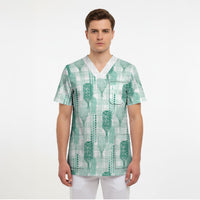 Aloha Hawaii Vintage Kahili Pa'a Lima Scrub Top Palaka Print Mossy Teal LT7 - Polynesian Pride