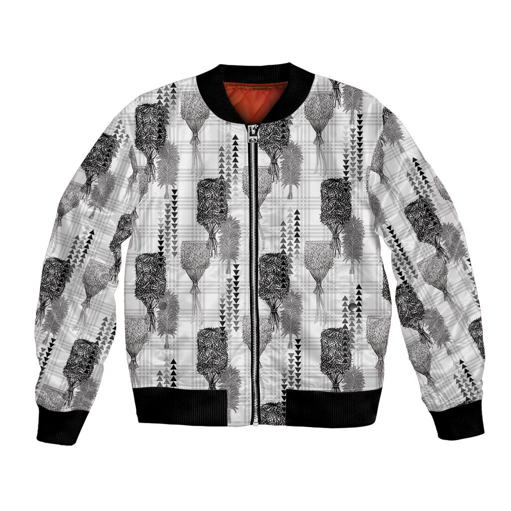 Aloha Hawaii Vintage Kahili Pa'a Lima Bomber Jacket Palaka Print Hinahina LT7 Unisex Gray - Polynesian Pride