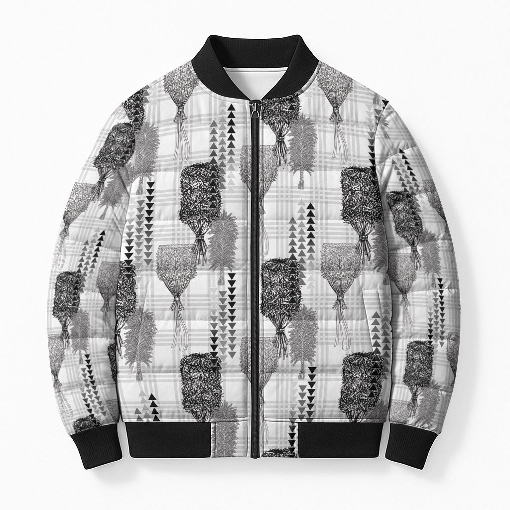 Aloha Hawaii Vintage Kahili Pa'a Lima Bomber Puffer Jacket Palaka Print Hinahina LT7 Unisex Gray - Polynesian Pride