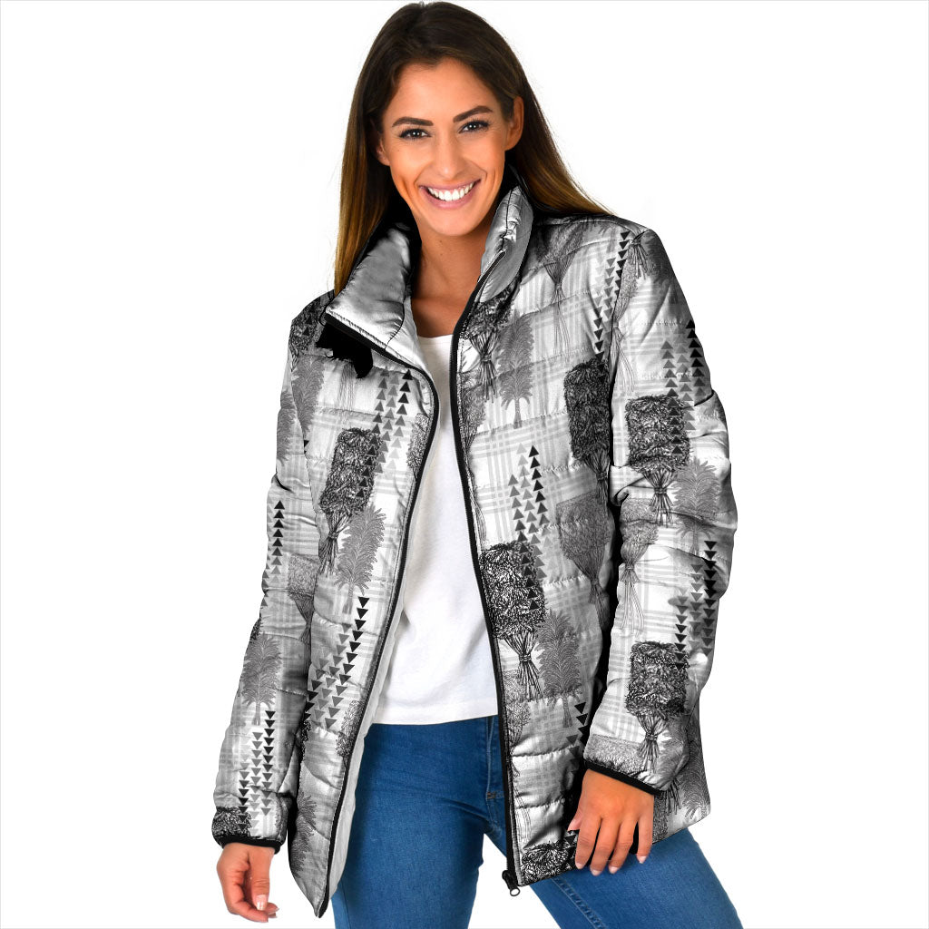 Aloha Hawaii Vintage Kahili Pa'a Lima Padded Jacket Palaka Print Hinahina LT7 Women Gray - Polynesian Pride