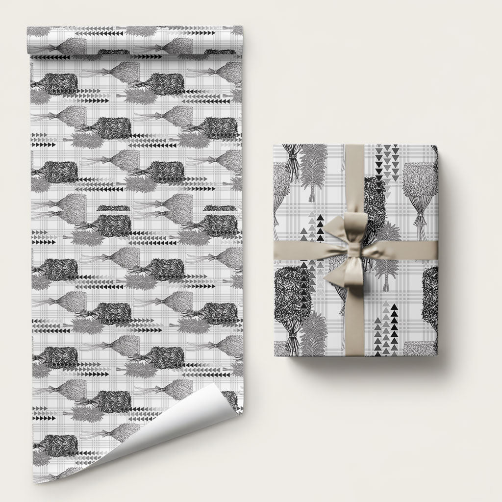 Aloha Hawaii Vintage Kahili Pa'a Lima Wrapping Paper Palaka Print Hinahina LT7 58" × 23" Gray - Polynesian Pride