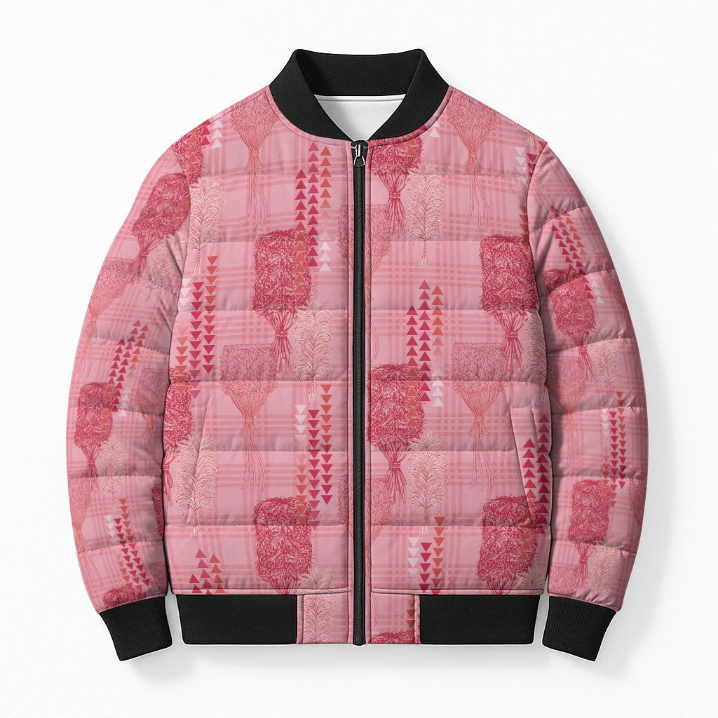 Aloha Hawaii Vintage Kahili Pa'a Lima Bomber Puffer Jacket Palaka Print Berry Pink LT7 Unisex Pink - Polynesian Pride