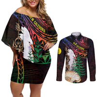 New Caledonia Kanaky Personalized Couples Matching Off Shoulder Short Dress and Long Sleeve Button Shirt Kagu Bird Emblem LT7 Black - Polynesian Pride