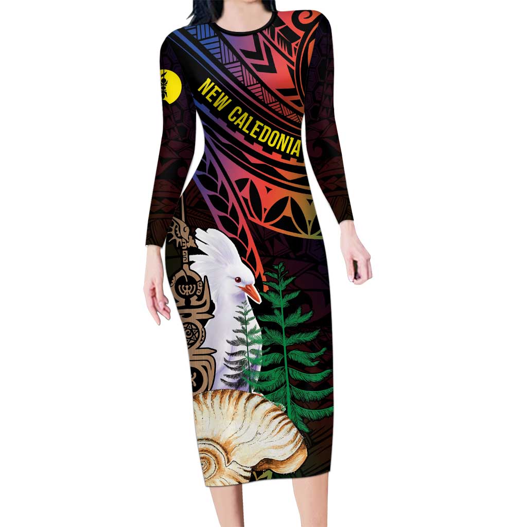 New Caledonia Kanaky Personalized Long Sleeve Bodycon Dress Kagu Bird Emblem LT7 Long Dress Black - Polynesian Pride