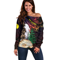 New Caledonia Kanaky Personalized Off Shoulder Sweater Kagu Bird Emblem LT7 Women Black - Polynesian Pride