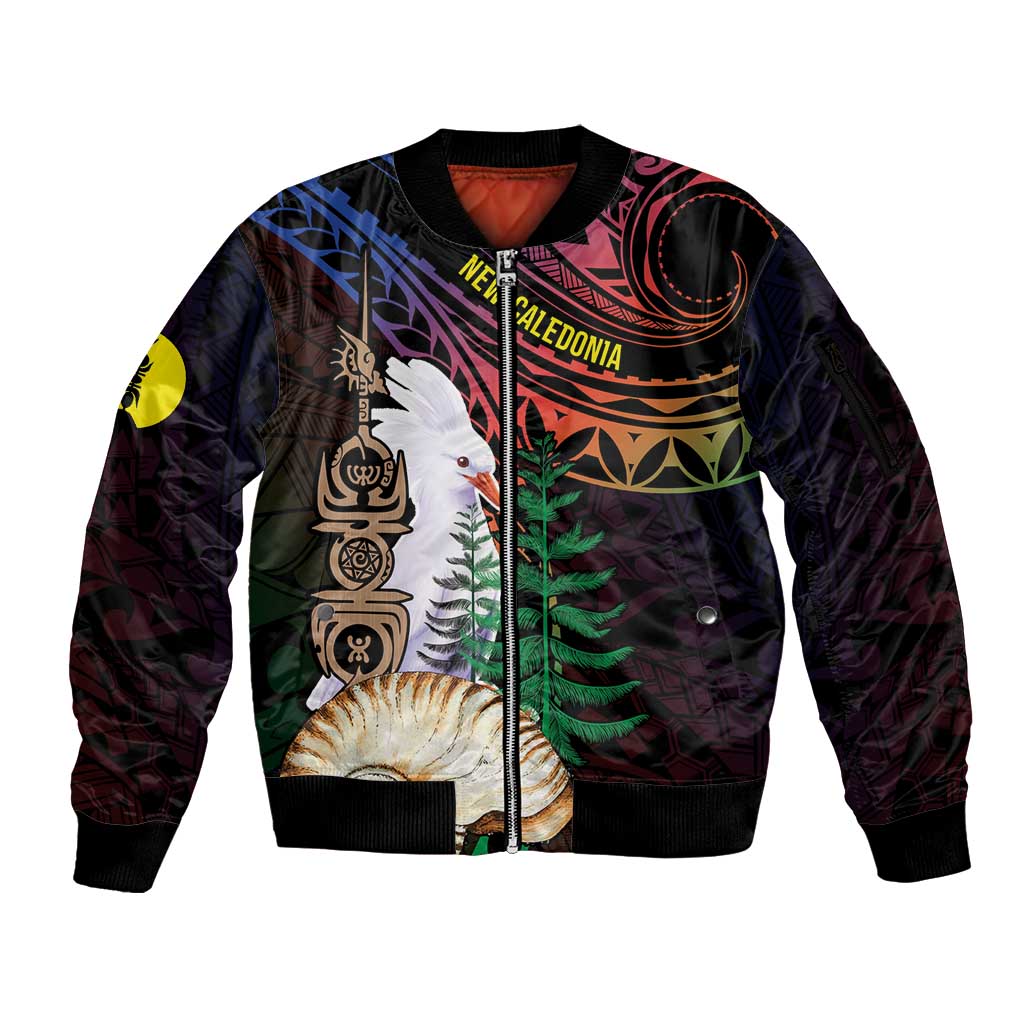 New Caledonia Kanaky Personalized Sleeve Zip Bomber Jacket Kagu Bird Emblem LT7 Unisex Black - Polynesian Pride