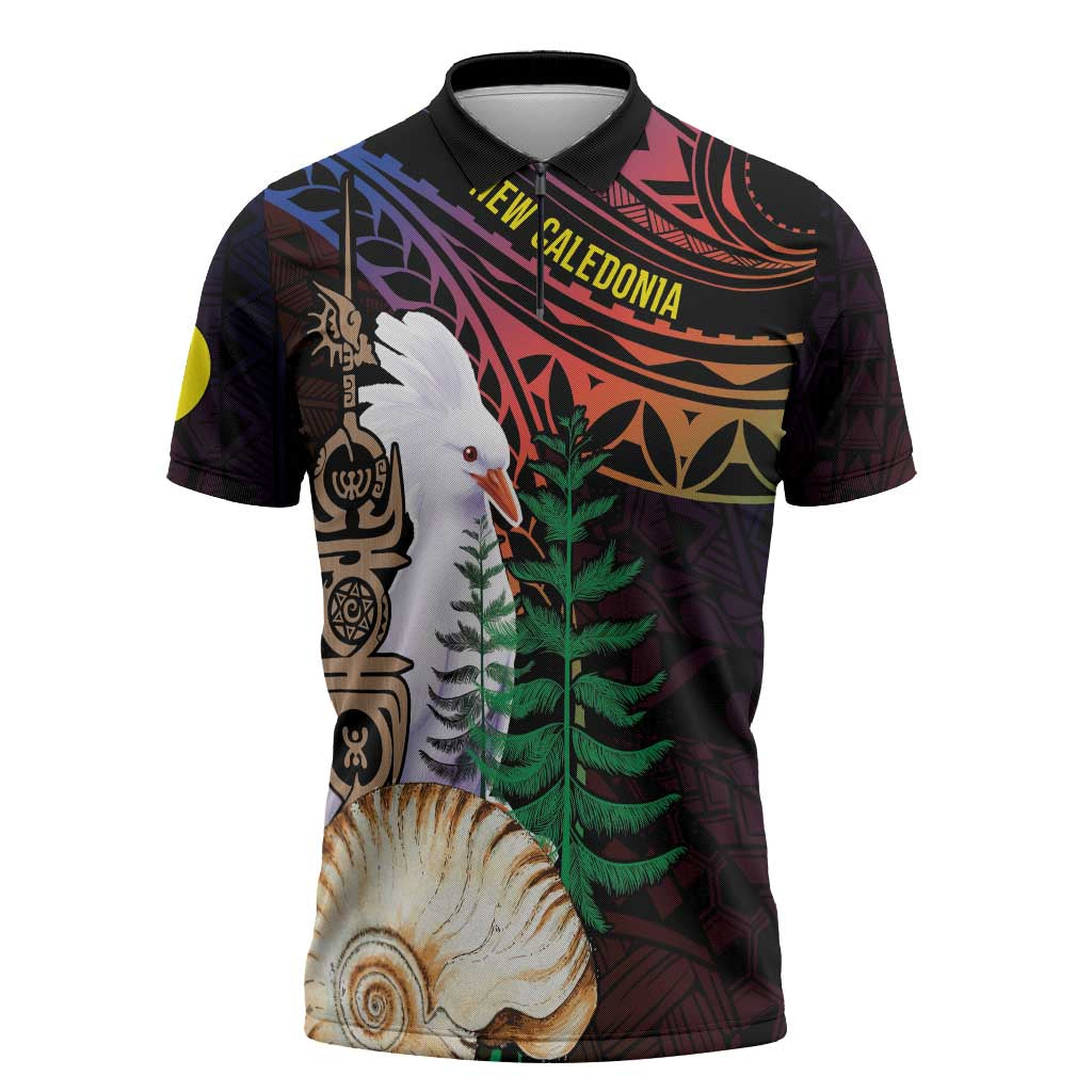 New Caledonia Kanaky Personalized Zipper Polo Shirt Kagu Bird Emblem LT7 Black - Polynesian Pride
