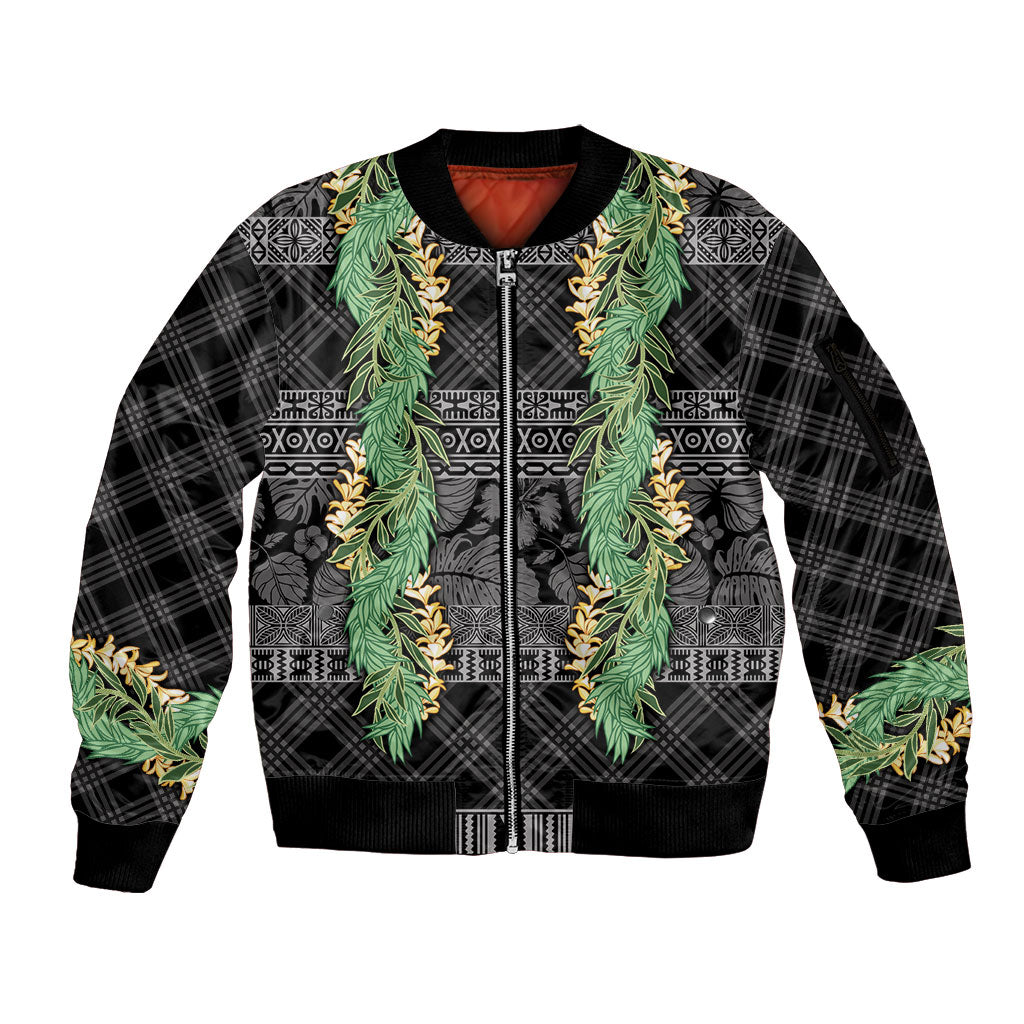 Hawai'i Paniolo Maile Twisted Lei Sleeve Zip Bomber Jacket Obsidian Black LT7 Unisex Black - Polynesian Pride