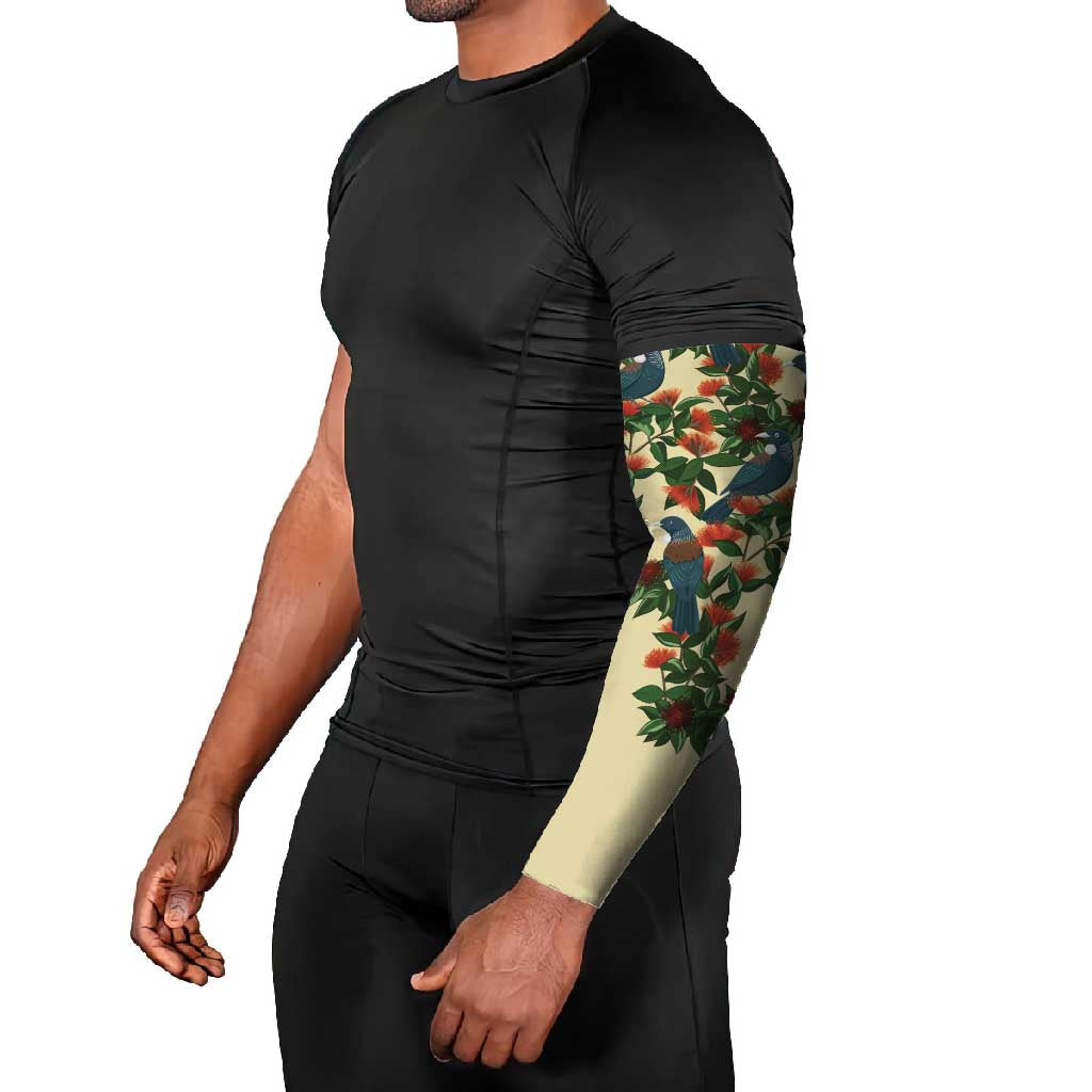 New Zealand Christmas Arm Sleeves Romantic Tui Birds on Pohutukawa - Ivory LT7 - Polynesian Pride