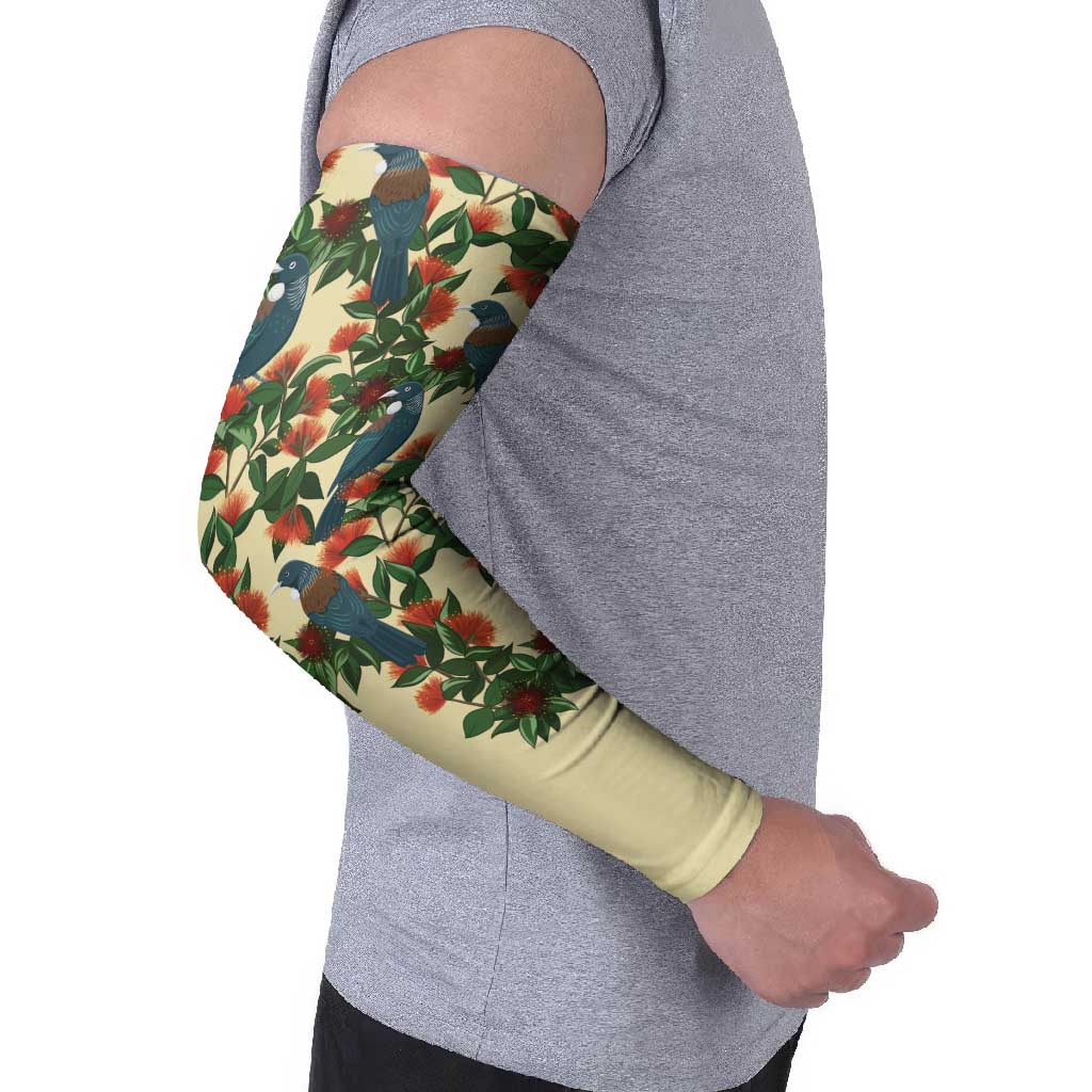 New Zealand Christmas Arm Sleeves Romantic Tui Birds on Pohutukawa - Ivory LT7 - Polynesian Pride
