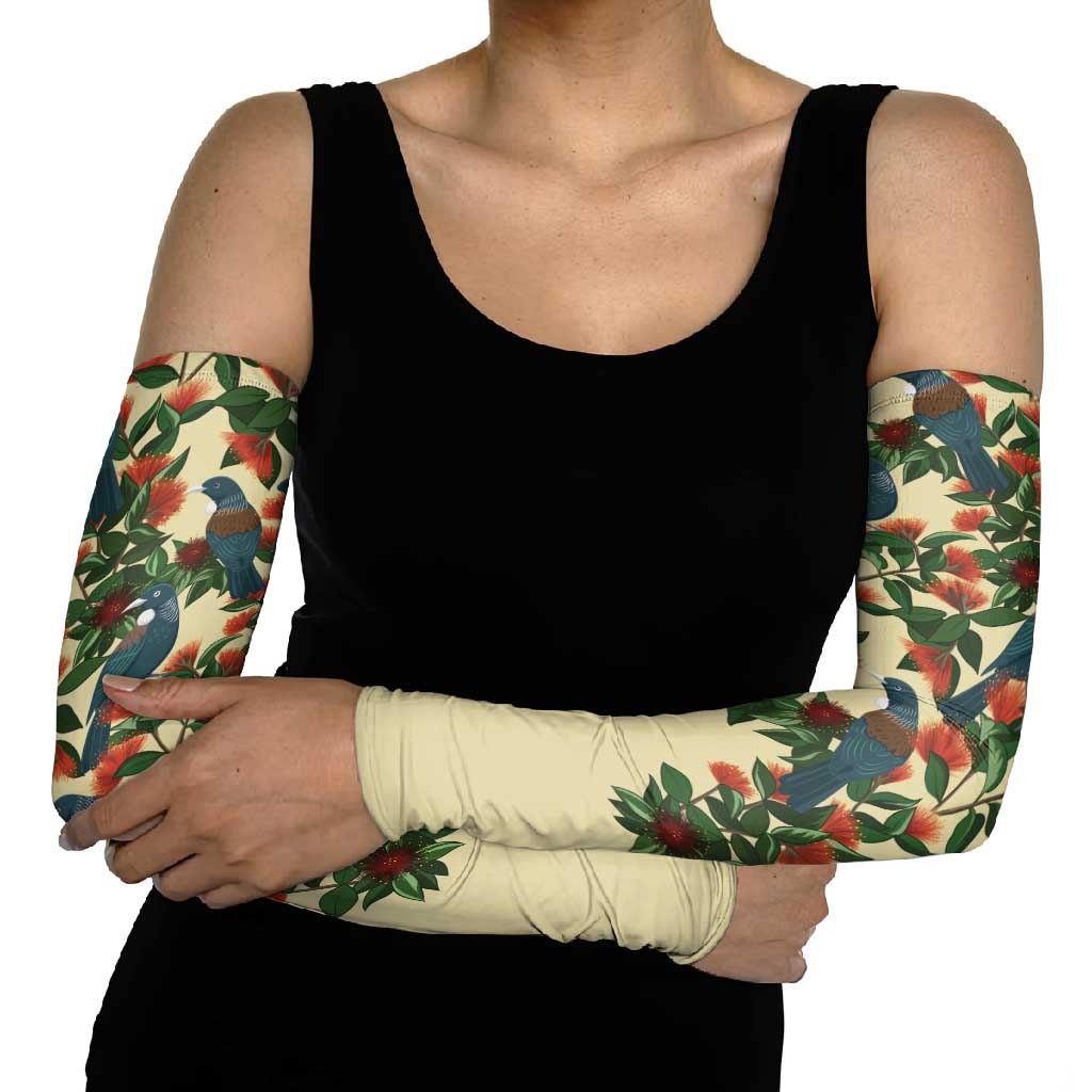 New Zealand Christmas Arm Sleeves Romantic Tui Birds on Pohutukawa - Ivory LT7 - Polynesian Pride