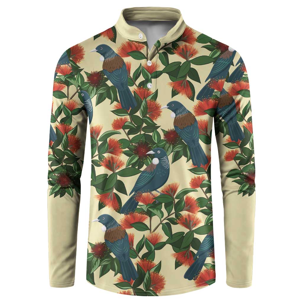 New Zealand Christmas Button Sweatshirt Romantic Tui Birds on Pohutukawa - Ivory LT7 Ivory - Polynesian Pride