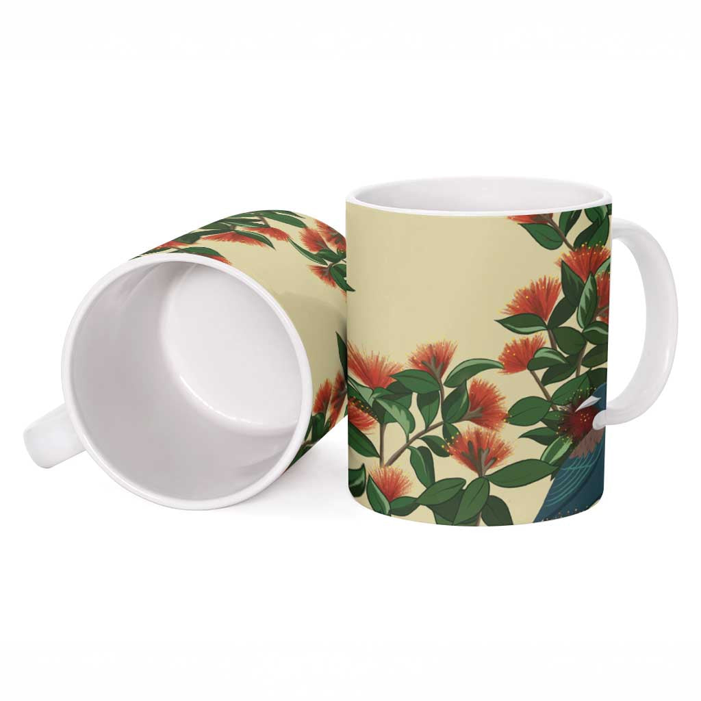 New Zealand Christmas Ceramic Mug Romantic Tui Birds on Pohutukawa - Ivory LT7 - Polynesian Pride