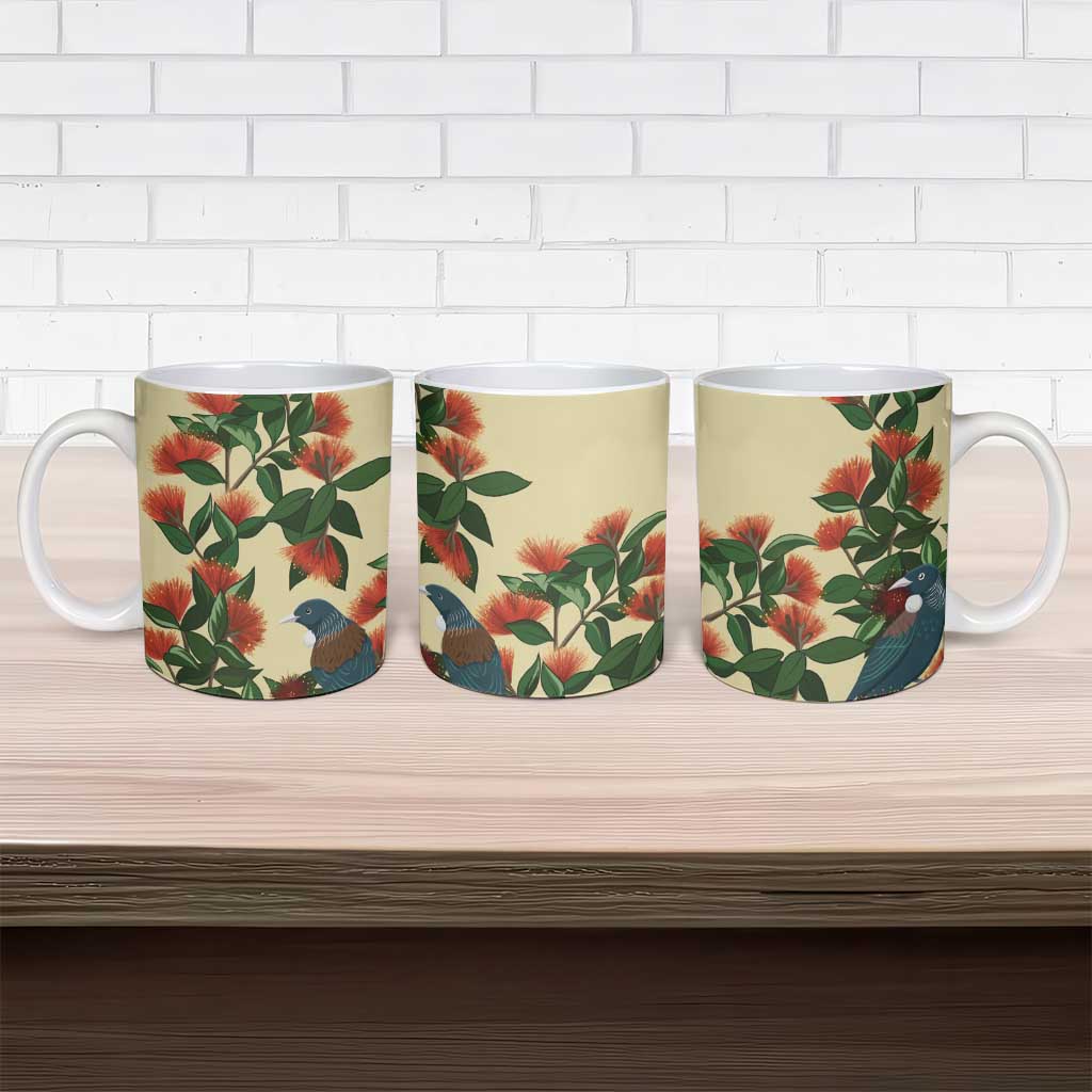 New Zealand Christmas Ceramic Mug Romantic Tui Birds on Pohutukawa - Ivory LT7 - Polynesian Pride