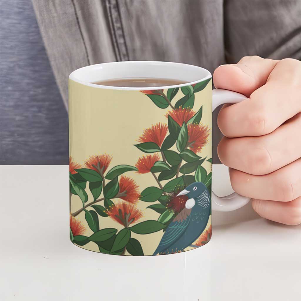 New Zealand Christmas Ceramic Mug Romantic Tui Birds on Pohutukawa - Ivory LT7 - Polynesian Pride