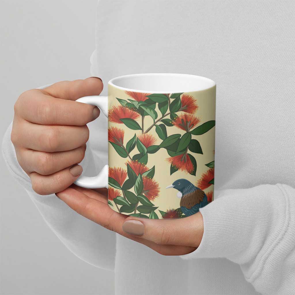 New Zealand Christmas Ceramic Mug Romantic Tui Birds on Pohutukawa - Ivory LT7 - Polynesian Pride