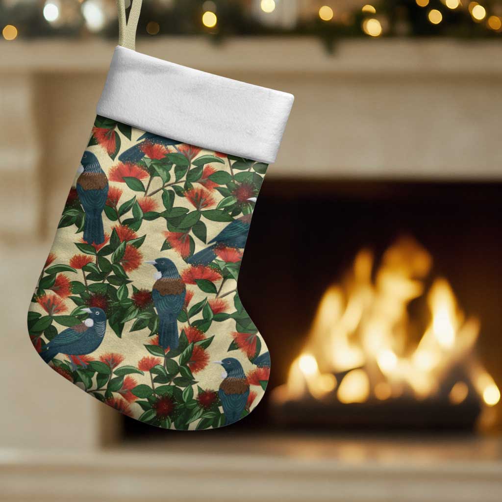 New Zealand Christmas Stocking Romantic Tui Birds on Pohutukawa - Ivory LT7 Set of 2 Ivory - Polynesian Pride