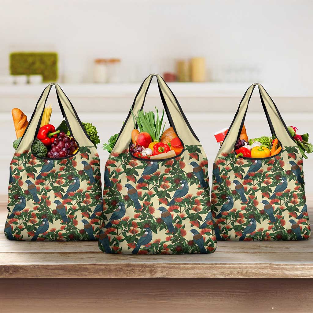 New Zealand Christmas Grocery Bag Romantic Tui Birds on Pohutukawa - Ivory LT7 3-pack One Size Ivory - Polynesian Pride