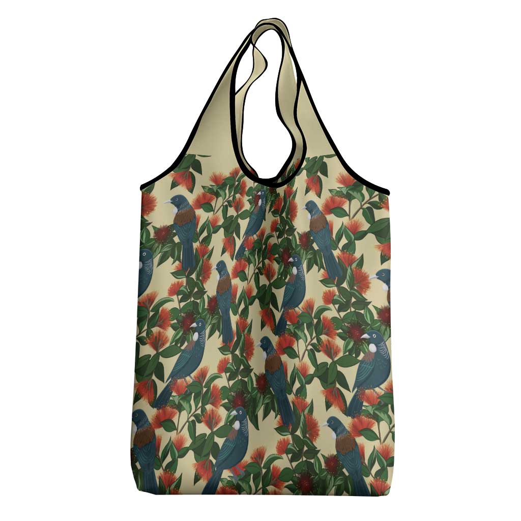 New Zealand Christmas Grocery Bag Romantic Tui Birds on Pohutukawa - Ivory LT7 - Polynesian Pride