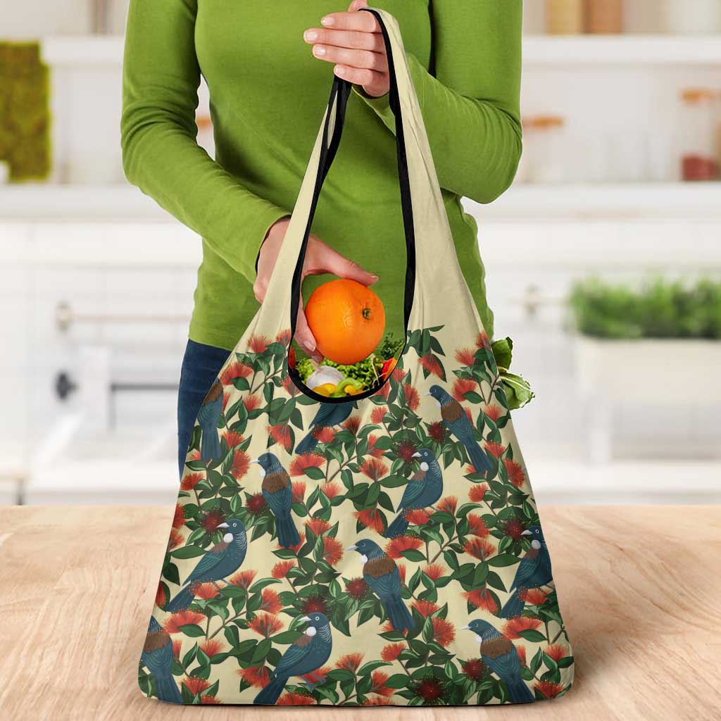 New Zealand Christmas Grocery Bag Romantic Tui Birds on Pohutukawa - Ivory LT7 - Polynesian Pride