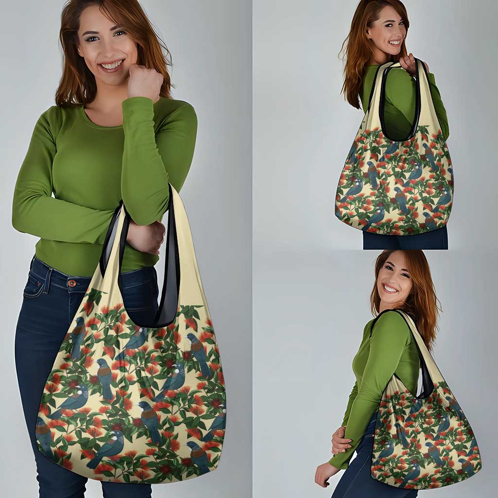 New Zealand Christmas Grocery Bag Romantic Tui Birds on Pohutukawa - Ivory LT7 - Polynesian Pride