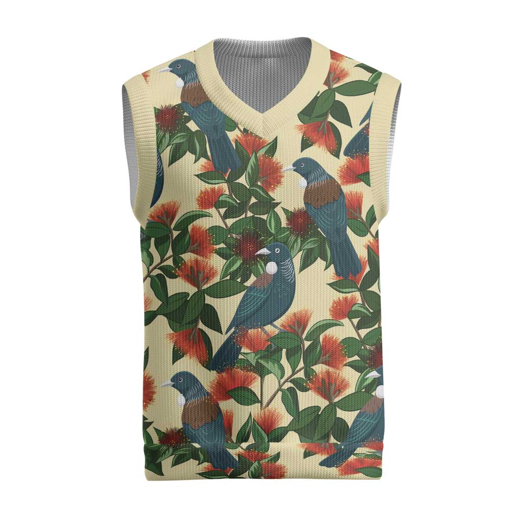 New Zealand Christmas Knitted V-Neck Vest Romantic Tui Birds on Pohutukawa - Ivory LT7 Ivory - Polynesian Pride